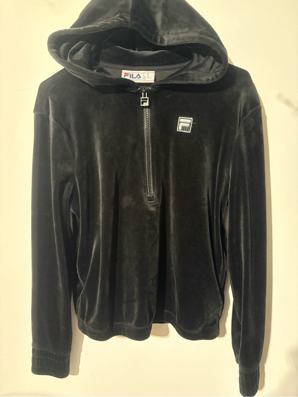 Fila Black Velour Half-Zip Hooded Pullover Womens XS